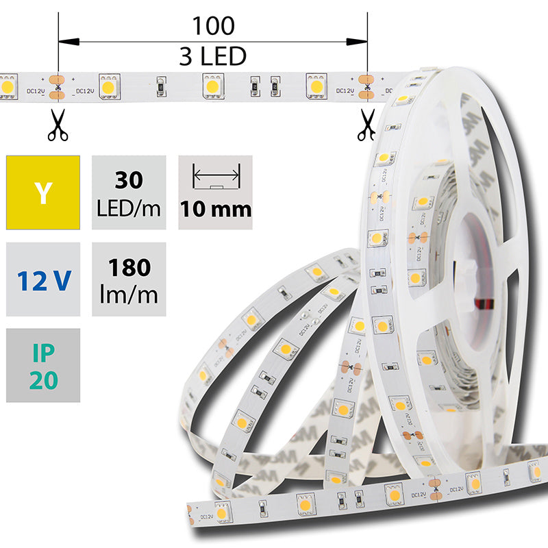LED-Streifen in Gelb mit 180 Lumen und 7,2 Watt je Meter bei 12 Volt, IP20