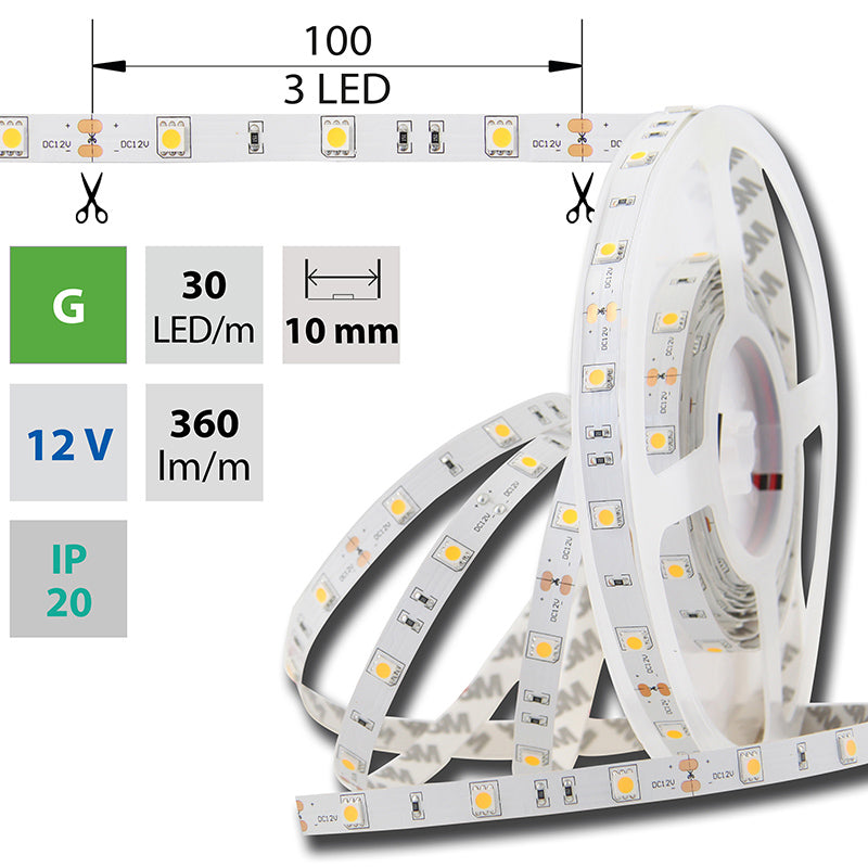 LED-Streifen in Grün mit 360 Lumen und 7,2 Watt je Meter bei 12 Volt, IP20