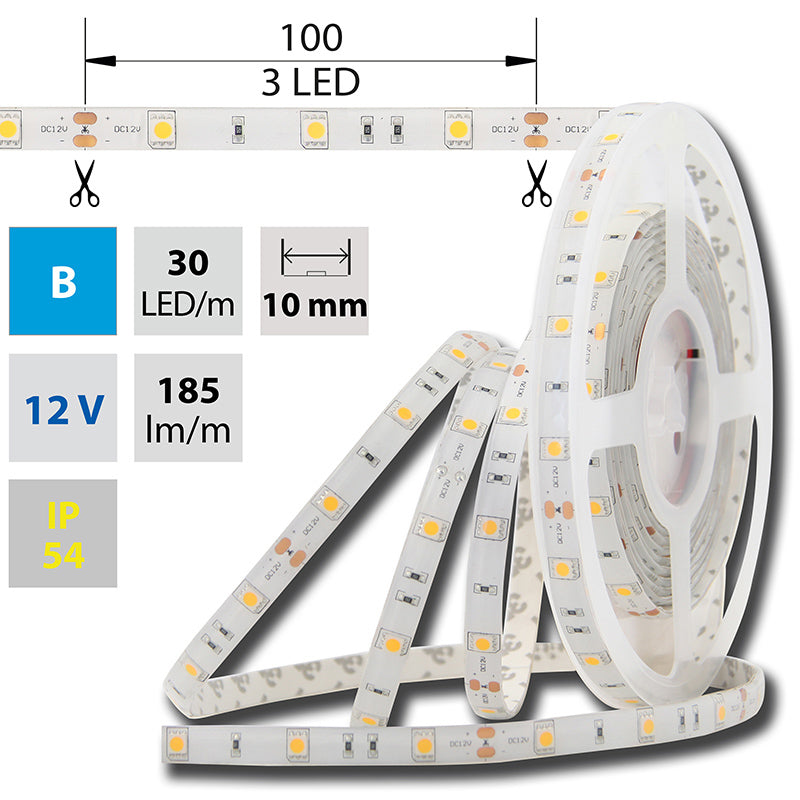 LED-Streifen in Blau mit 185 Lumen und 7,2 Watt je Meter bei 12 Volt, IP54