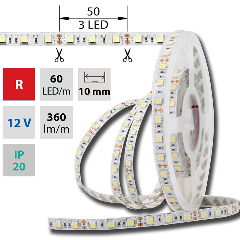 LED-Streifen in Rot mit 360 Lumen und 14,4 Watt je Meter bei12 Volt, IP20