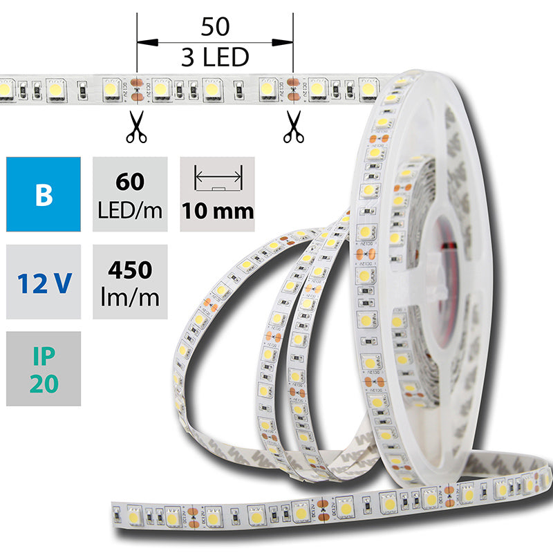 LED-Streifen in Blau mit 450 Lumen und 14,4 Watt je Meter bei 12 Volt, IP20