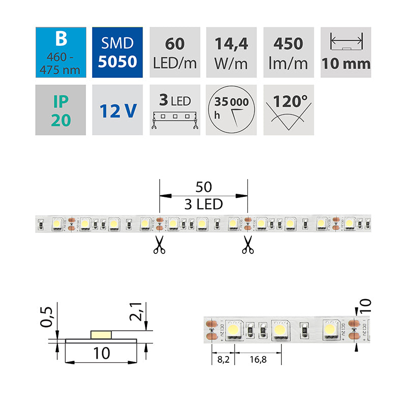 LED-Streifen in Blau mit 450 Lumen und 14,4 Watt je Meter bei 12 Volt, IP20