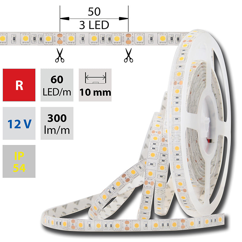 LED-Streifen in Rot mit 300 Lumen und 14,4 Watt je Meter bei 12 Volt, IP54