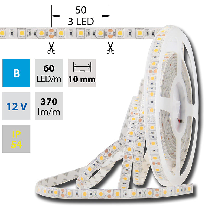 LED-Streifen in Blau mit 370 Lumen und 14,4 Watt je Meter bei 12 Volt, IP54