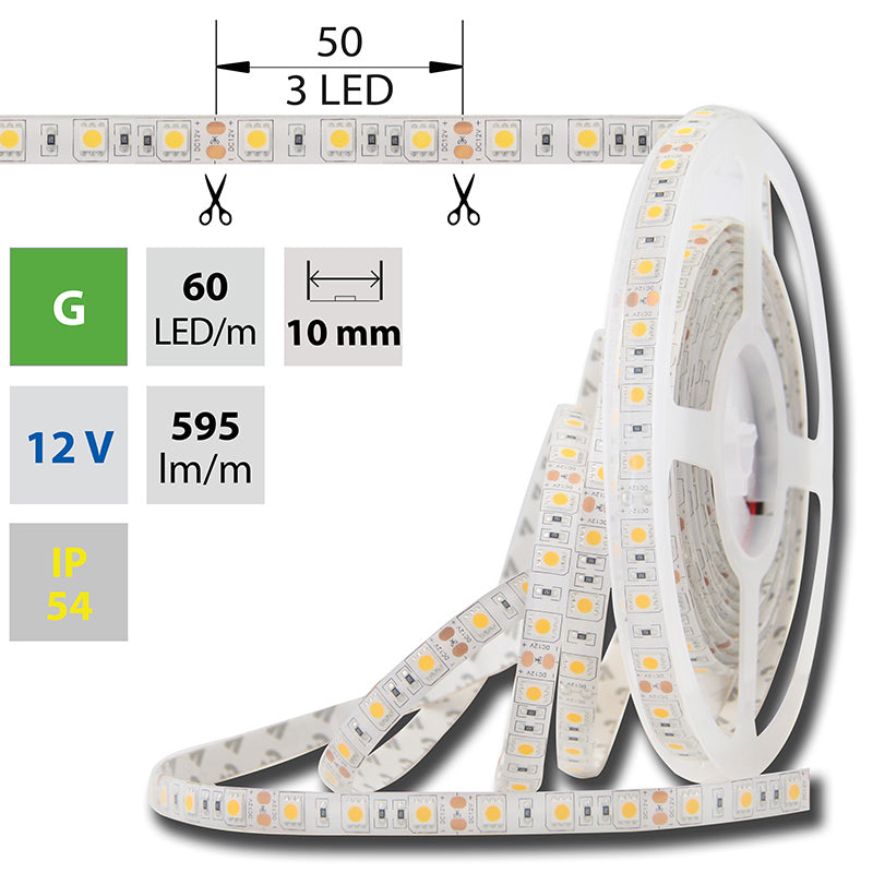 LED-Streifen in Grün mit 720 Lumen und 14,4 Watt je Meter bei 12 Volt, IP54