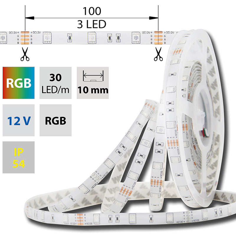 LED-Streifen RGB mit 7,2 Watt und 248 Lumen je Meter bei 12 Volt, IP20