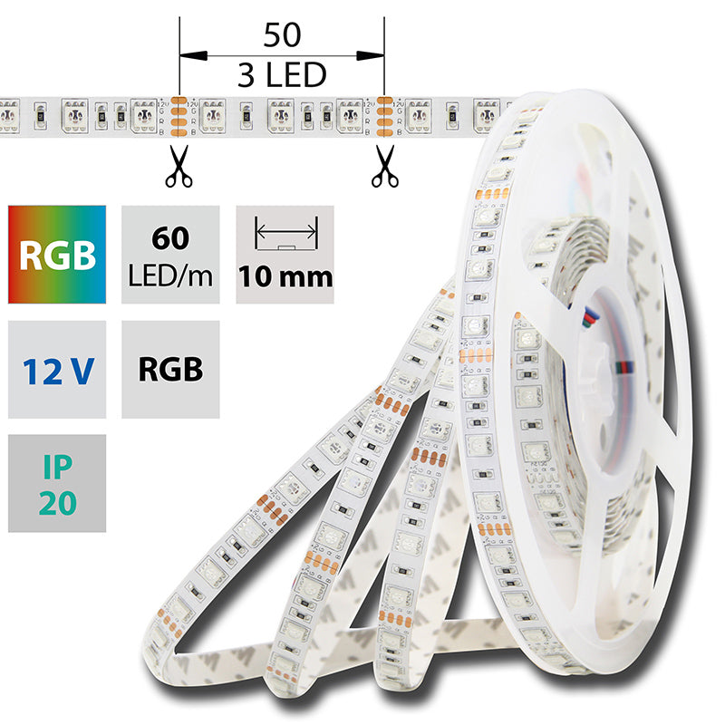 LED-Streifen RGB mit 14,4 Watt und 560 Lumen bei 12 Volt, IP20