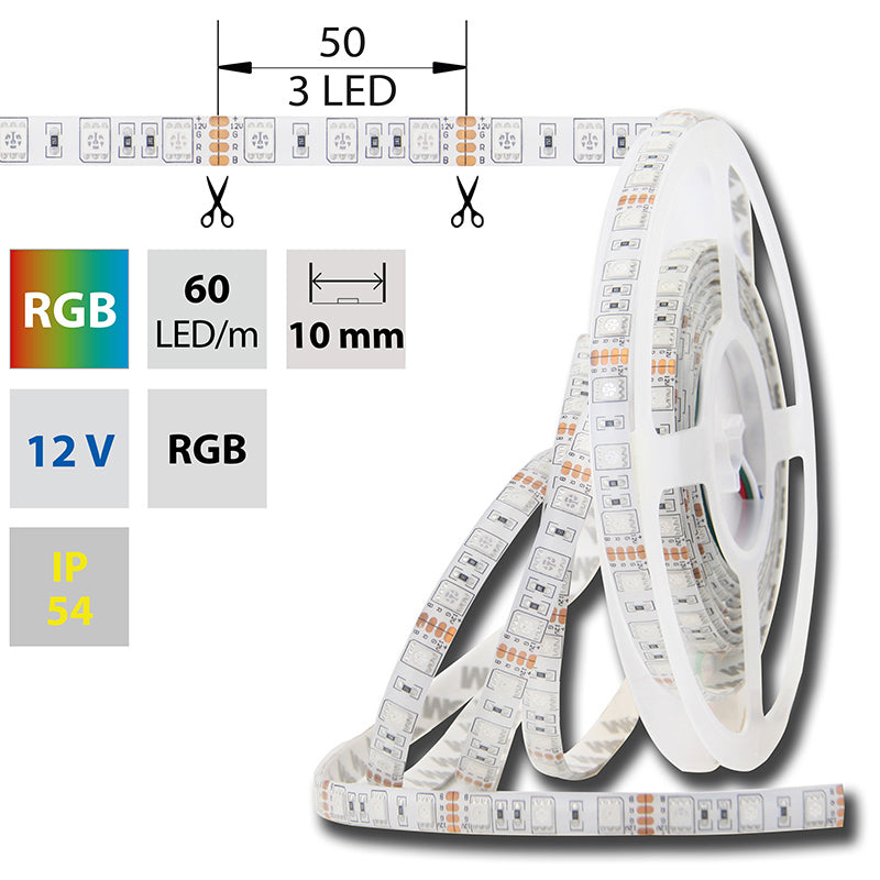 LED-Streifen RGB mit 14,4 Watt und 496 Lumen je Meter bei 12 Volt, IP54