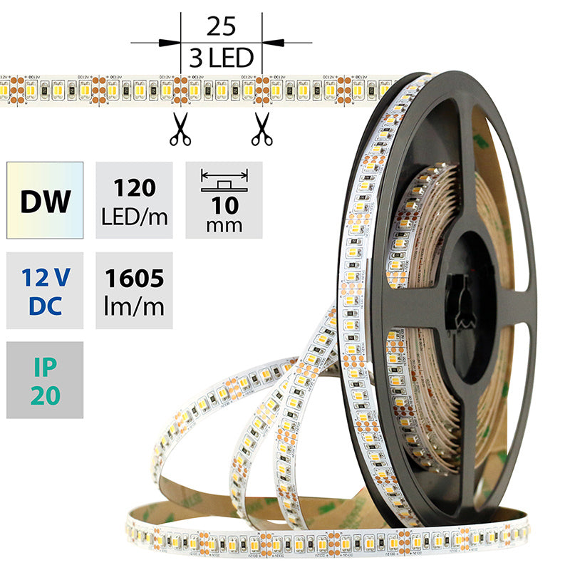 LED-Streifen Dualweiß in Warmweiß und Kaltweiß mit 19,2 Watt und 1605 Lumen je Meter bei 12 Volt, IP20