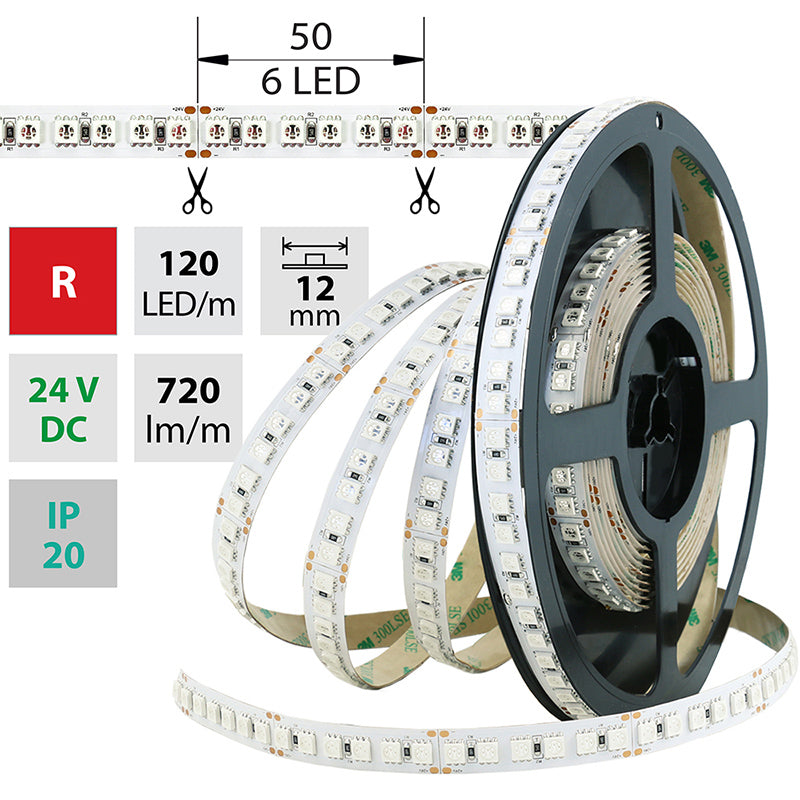 LED-Streifen in Rot mit 720 Lumen und 28,8 Watt je Meter bei 24 Volt, IP20