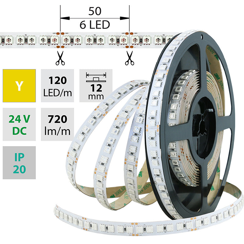LED-Streifen in Gelb mit 720 Lumen und 28,8 Watt je Meter bei 24 Volt, IP20