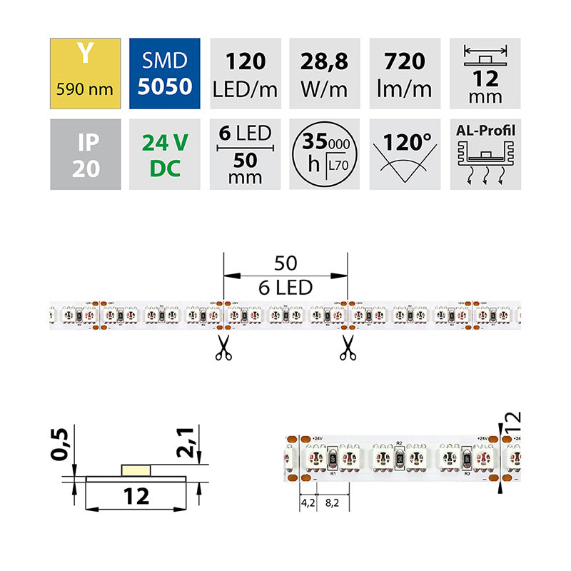 LED-Streifen in Gelb mit 720 Lumen und 28,8 Watt je Meter bei 24 Volt, IP20