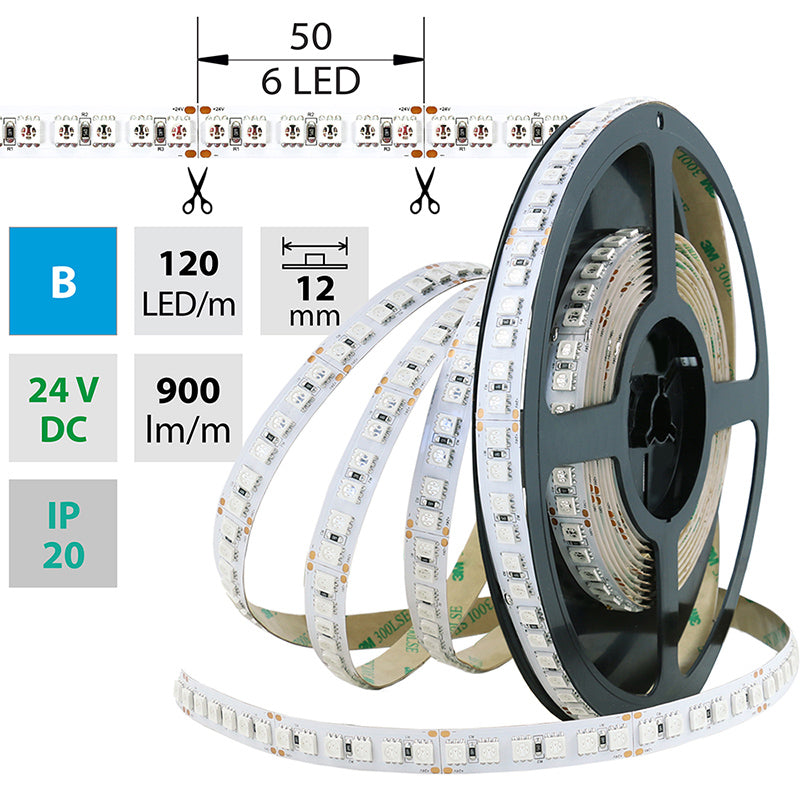 LED-Streifen in Blau mit 900 Lumen und 28,8 Watt je Meter bei 24 Volt, IP20