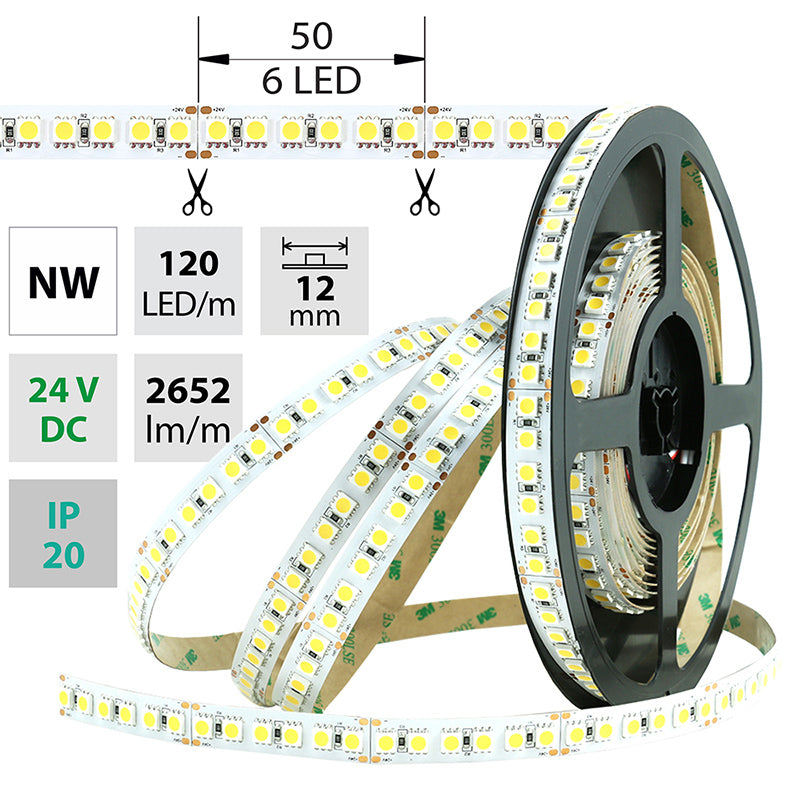 LED-Streifen in Neutralweiß mit 2652 Lumen und 28,8 Watt je Meter bei 24 Volt, IP20