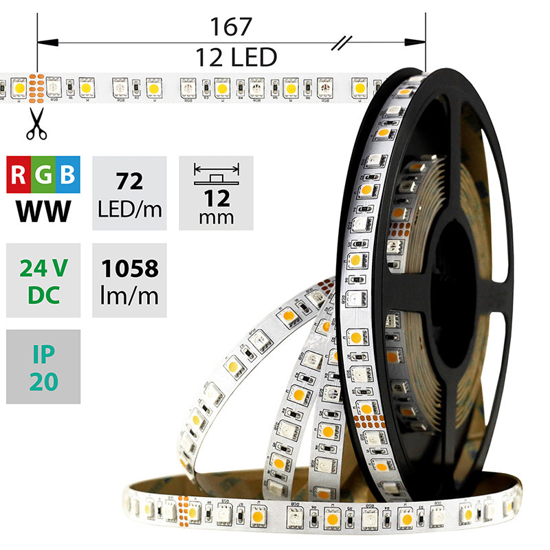LED-Streifen RGB + Warmweiß mit 17,2 Watt und 1058 Lumen je Meter bei 24 Volt, IP20
