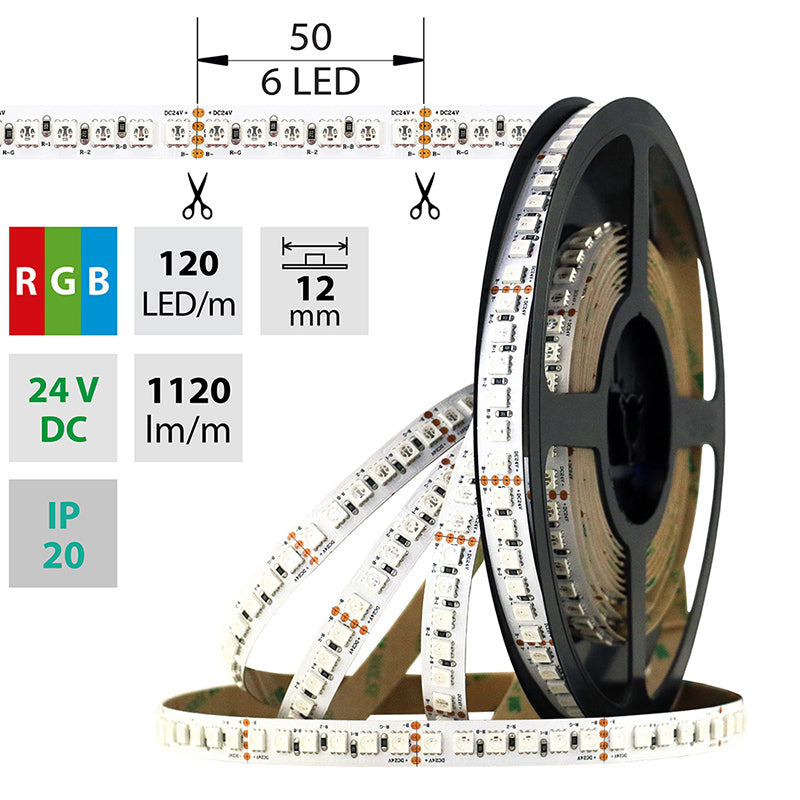 LED-Streifen RGB mit 28,8 Watt und 1120 Lumen je Meter bei 24 Volt, IP20