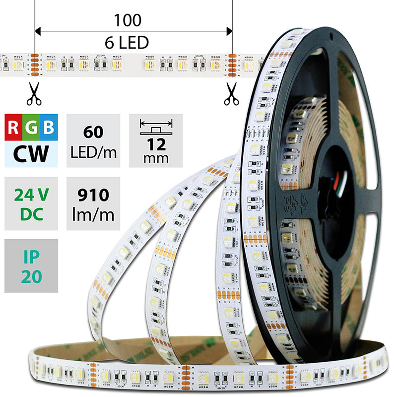 LED-Streifen RGB + Kaltweiß mit 19,2 Watt und 910 Lumen je Meter bei 24 Volt, IP20