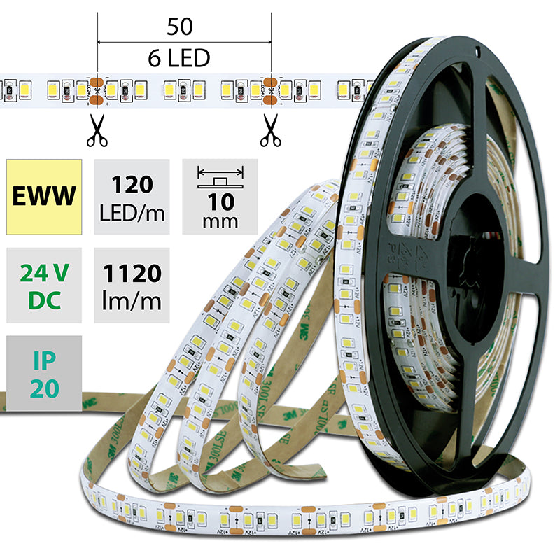 LED-Streifen in Extra Warmweiß mit 1120 Lumen und 14 Watt je Meter bei 24 Volt, IP20