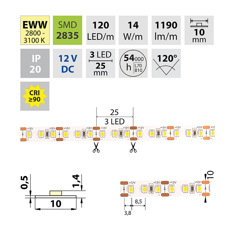 LED-Streifen in Warmweiß mit 14 Watt und 1190 Lumen je Meter bei 12 Volt, IP20