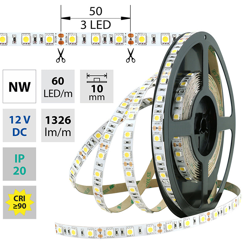 LED-Streifen in Neutralweiß mit 1296 Lumen und 14,4 Watt je Meter bei 12 Volt, IP20
