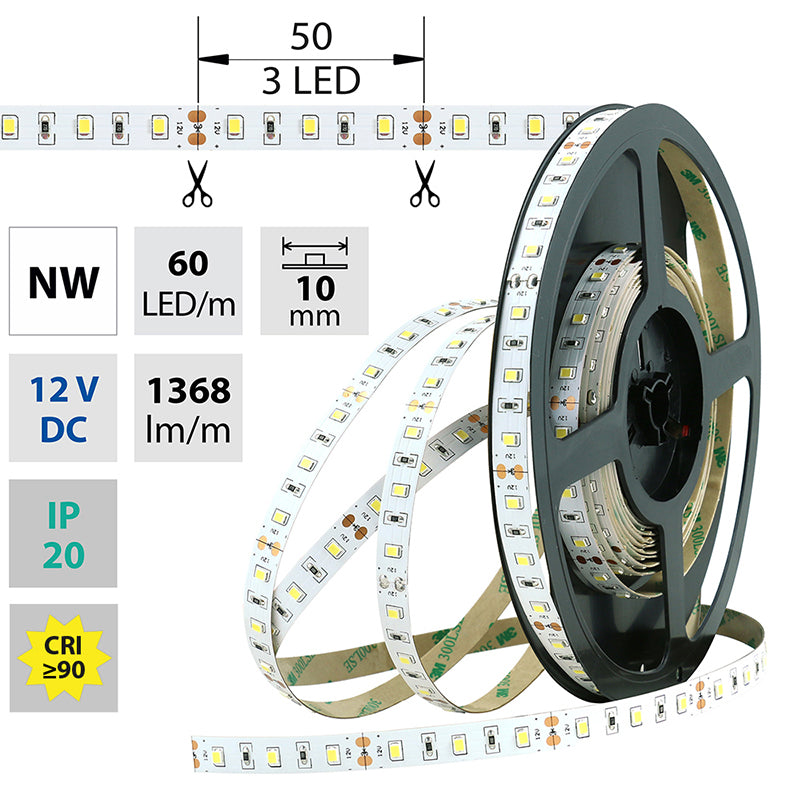 LED-Streifen in Neutralweiß mit 1368 Lumen und 14,4 Watt je Meter bei 12 Volt, IP20