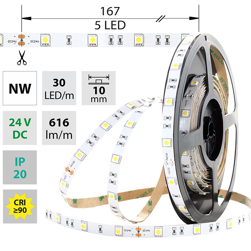 LED-Streifen in Neutralweiß mit 616 Lumen und 8,5 Watt je Meter bei 24 Volt, IP20
