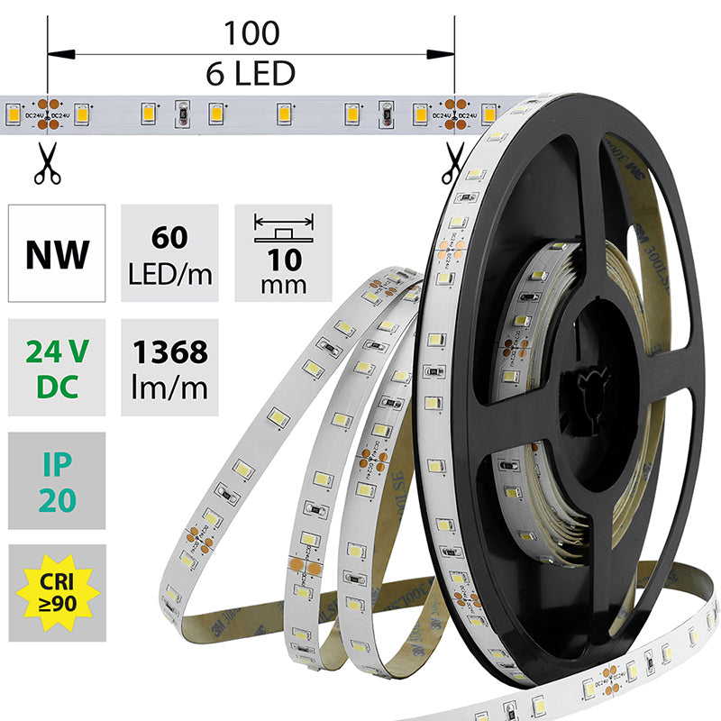 LED-Streifen in Neutralweiß mit 1368 Lumen und 14,4 Watt je Meter bei 24 Volt, IP20