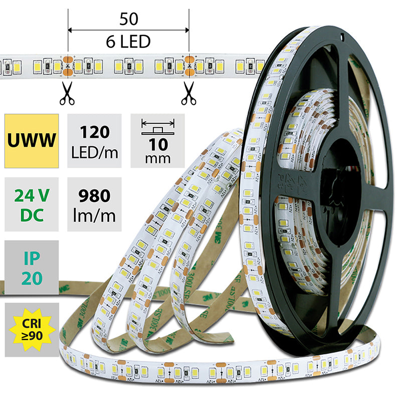 LED-Streifen in Ultra Warmweiß mit 14 Watt und 980 Lumen je Meter bei 24 Volt, IP20