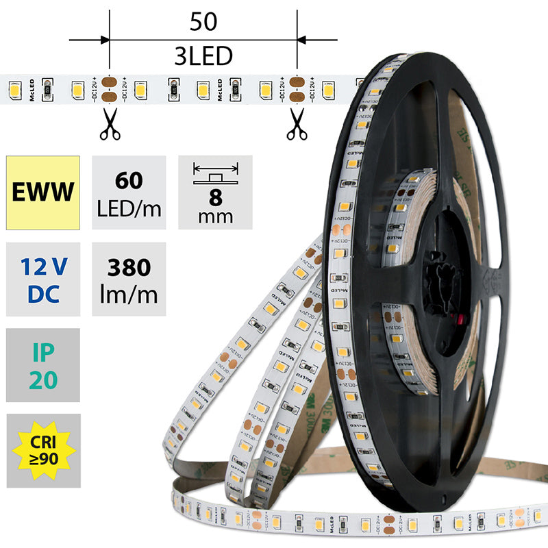 LED-Streifen in Extra Warmweiß mit 380 Lumen und 4,8 Watt je Meter bei 12 Volt, IP20