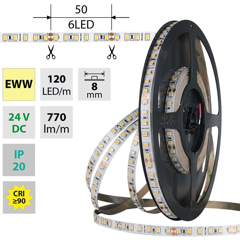 LED-Streifen in Extra Warmweiß mit 770 Lumen und 9,6 Watt je Meter bei 24 Volt, IP20