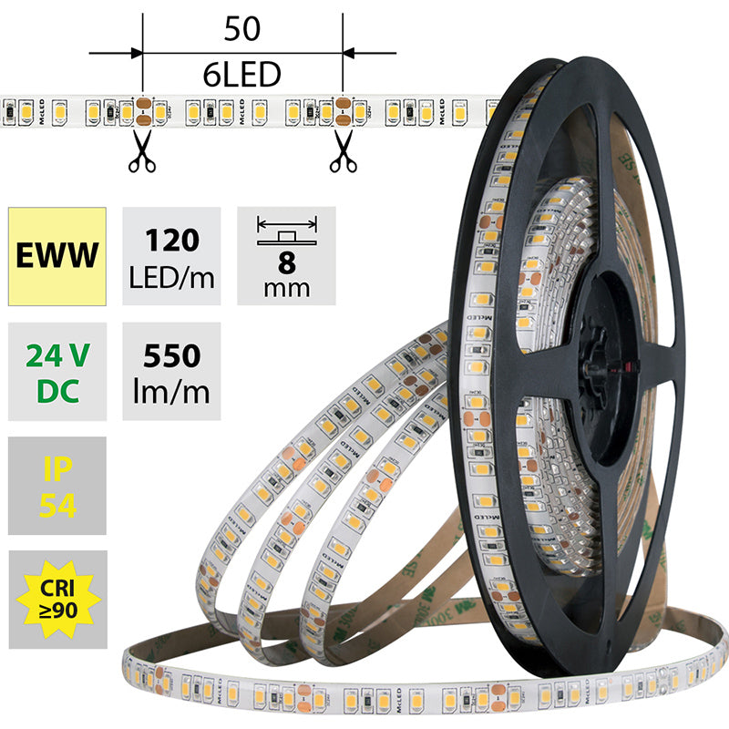 LED-Streifen in Extra Warmweiß mit 550 Lumen und 9,6 Watt je Meter bei 24 Volt, IP54
