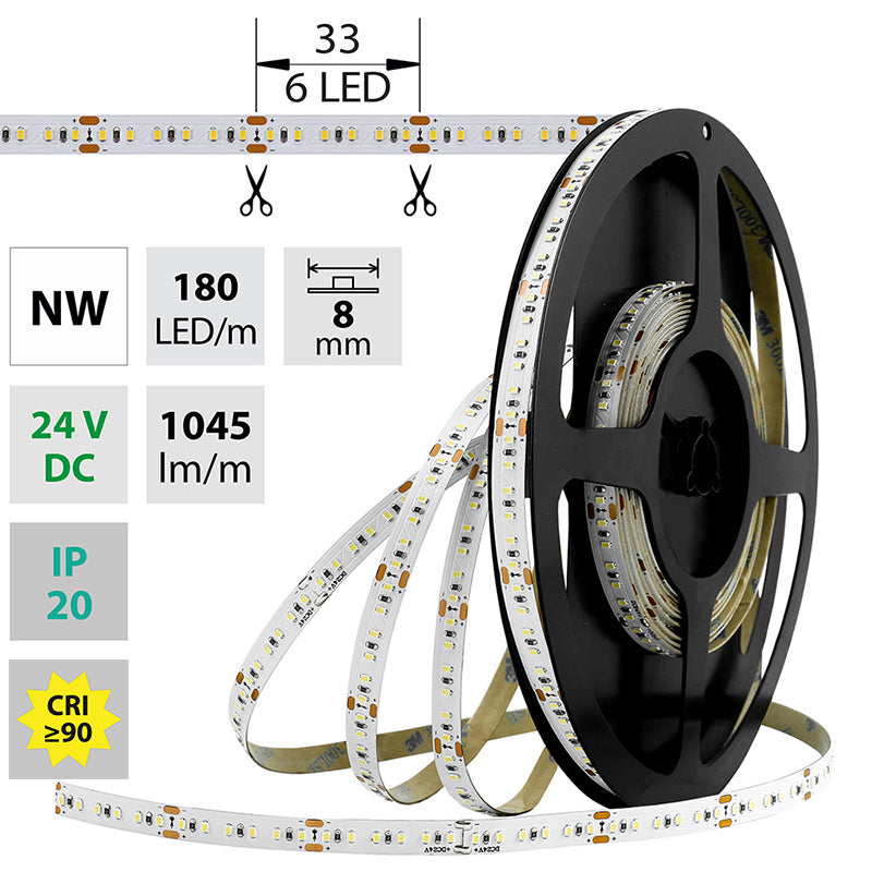 LED-Streifen in Neutralweiß mit 1045 Lumen und 12 Watt je Meter bei 24 Volt, IP20