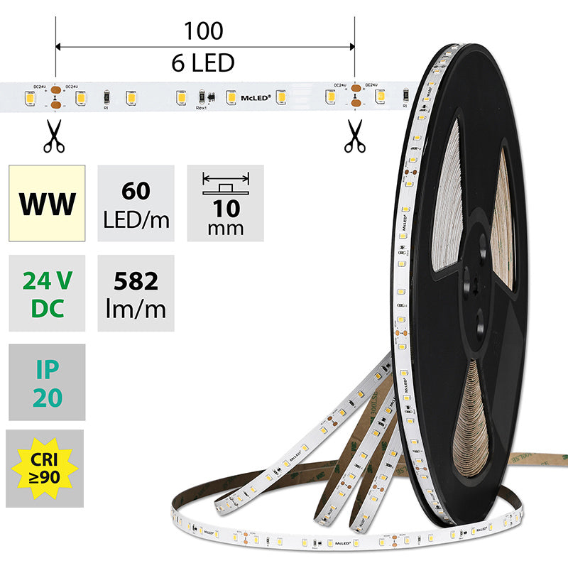 LED-Streifen in Warmweiß mit 7,2 Watt und 582 Lumen je Meter bei 24 Volt, IP20