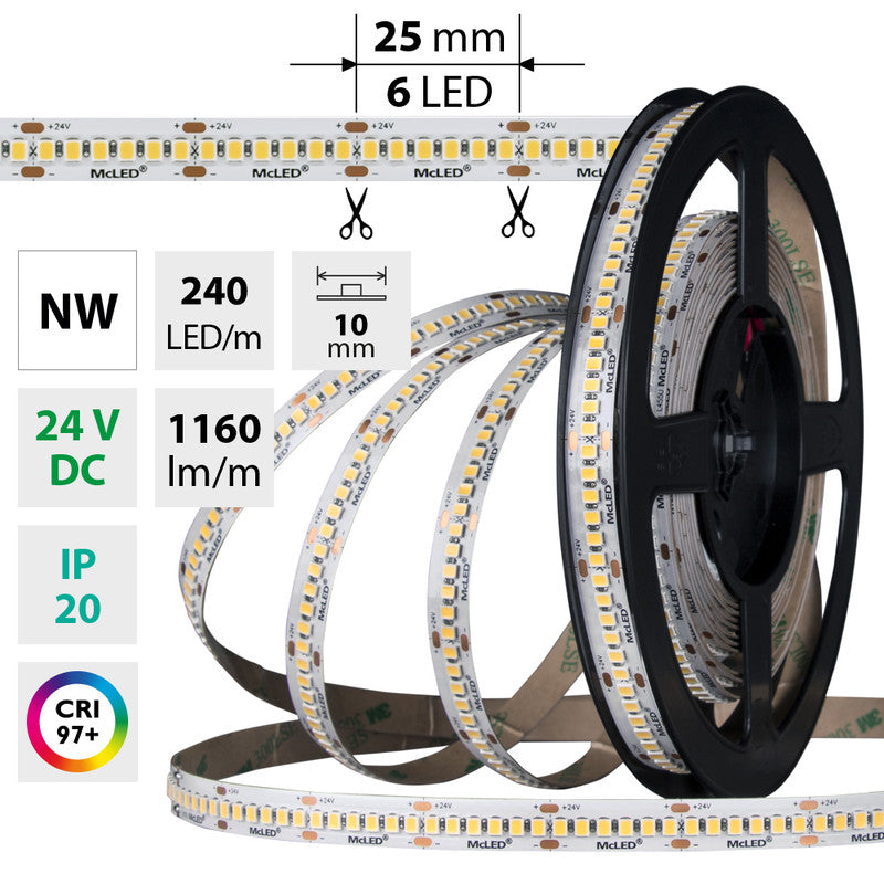LED-Streifen in Neutralweiß mit 1160 Lumen und 14,4 Watt je Meter bei 24 Volt, IP20