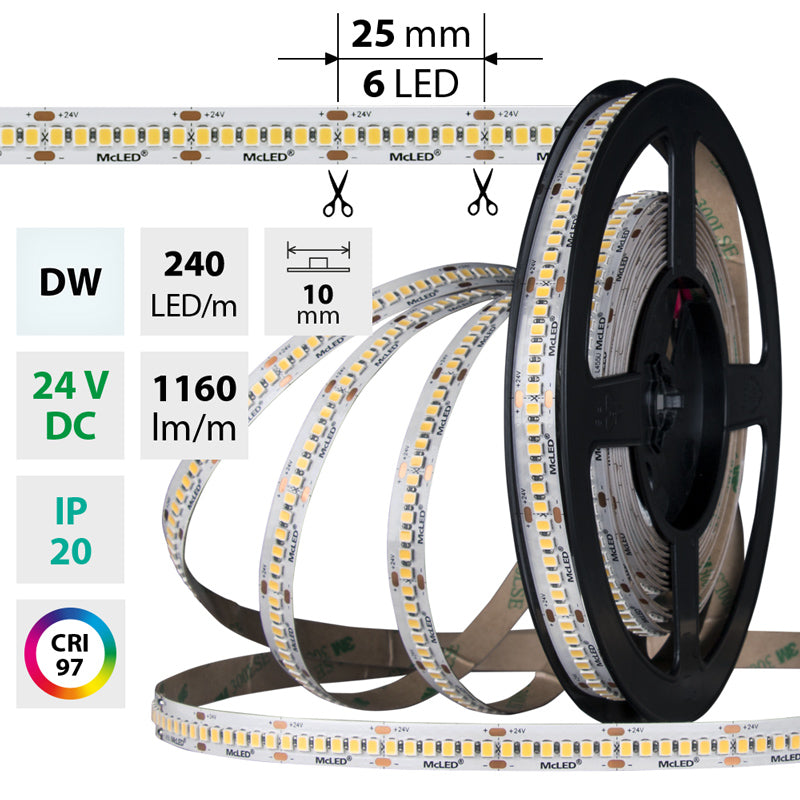 LED-Streifen in Tagweiß mit 1160 Lumen und 14,4 Watt je Meter bei 24 Volt, IP20