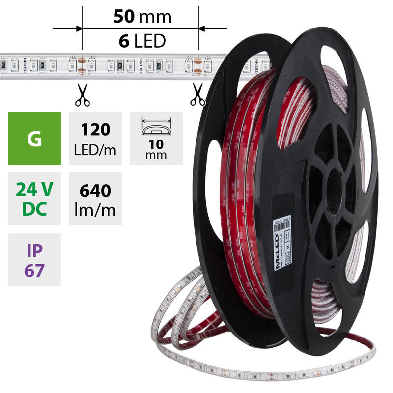 LED-Streifen in Grün mit 640 Lumen und 9,6 Watt je Meter bei 24 Volt, IP67