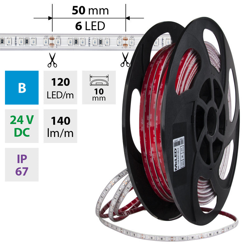 LED-Streifen in Blau mit 140 Lumen und 9,6 Watt je Meter bei 24 Volt, IP67