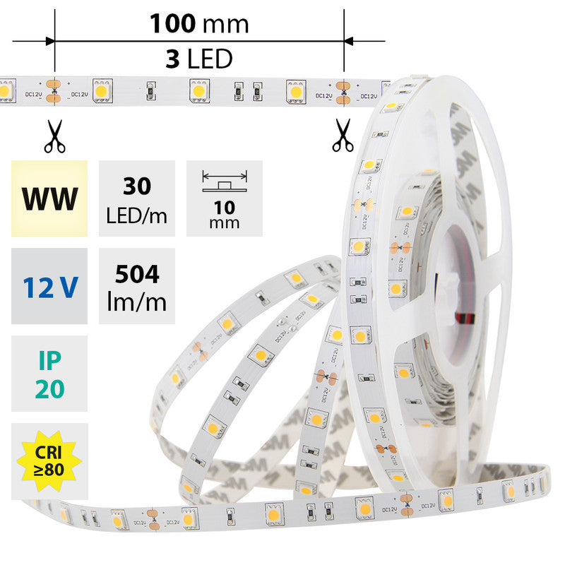 LED-Streifen in Warmweiß mit 7,2 Watt und 504 Lumen je Meter bei 12 Volt, IP20