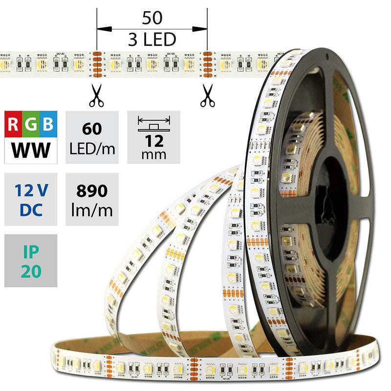 LED-Streifen RGB + Warmweiß mit 19,2 Watt und 890 Lumen bei 12 Volt, IP20