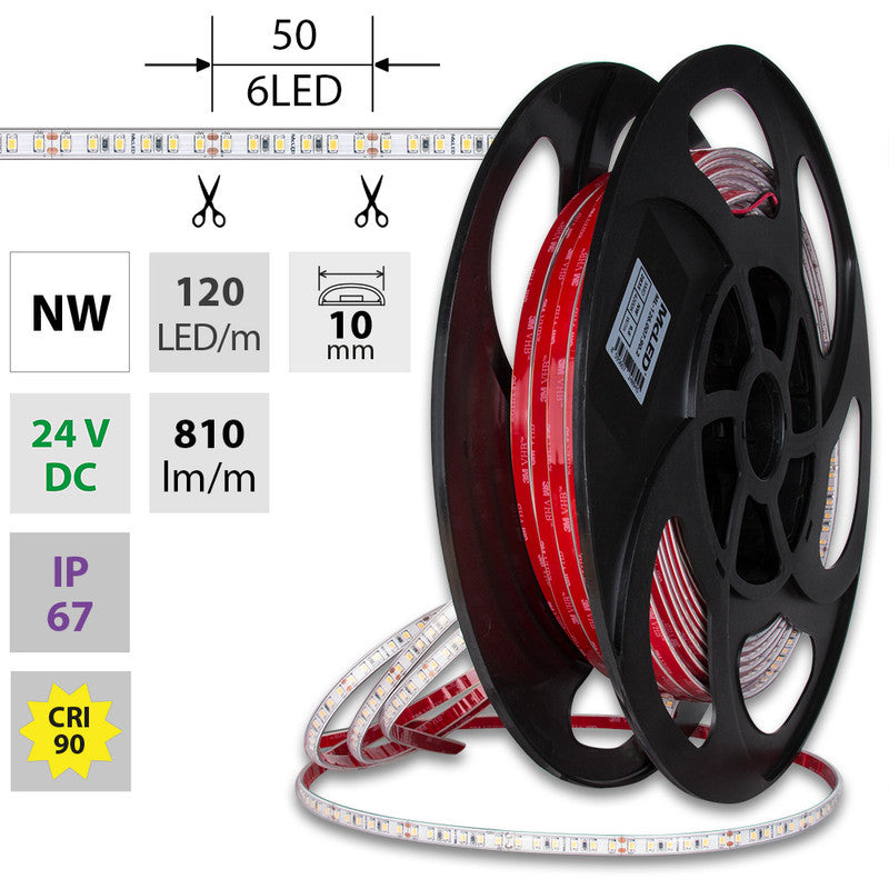 LED-Streifen in Neutralweiß mit 810 Lumen und 9,6 Watt je Meter bei 24 Volt, IP67