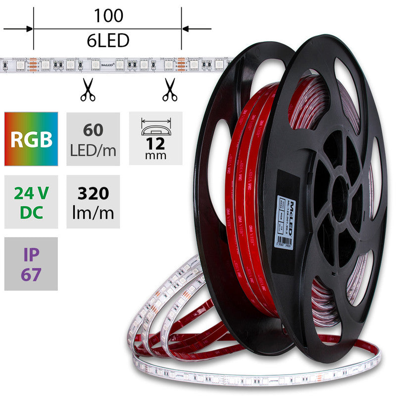 LED-Streifen RGB mit 12 Watt und 320 Lumen je Meter bei 24 Volt, IP67