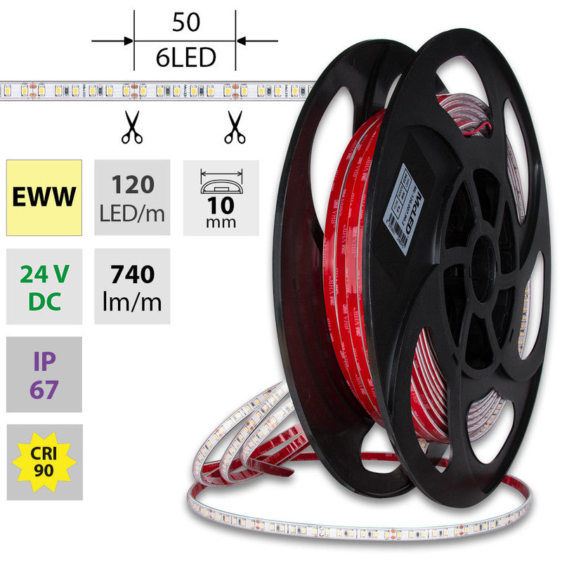 LED-Streifen in Extra Warmweiß mit 740 Lumen und 9,6 Watt bei 24 Volt, IP67