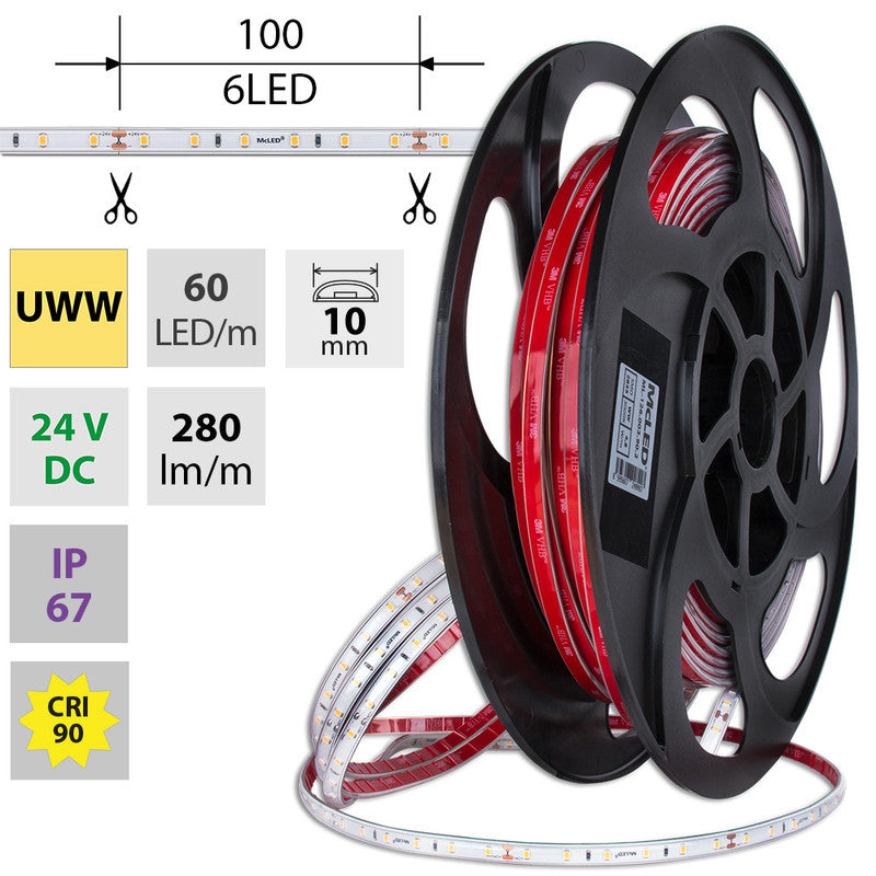 LED-Streifen in Ultra Warmweiß mit 4,8 Watt und 280 Lumen je Meter bei 24 Volt, IP67