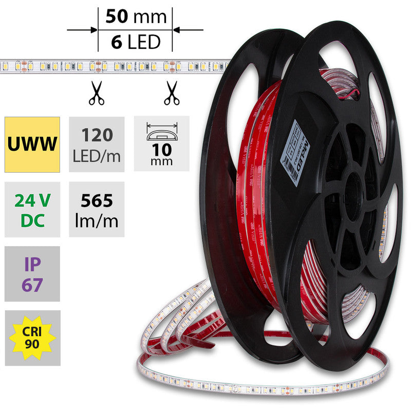 LED-Streifen in Ultra Warmweiß mit 9,6 Watt und 600 Lumen je Meter bei 24 Volt, IP67