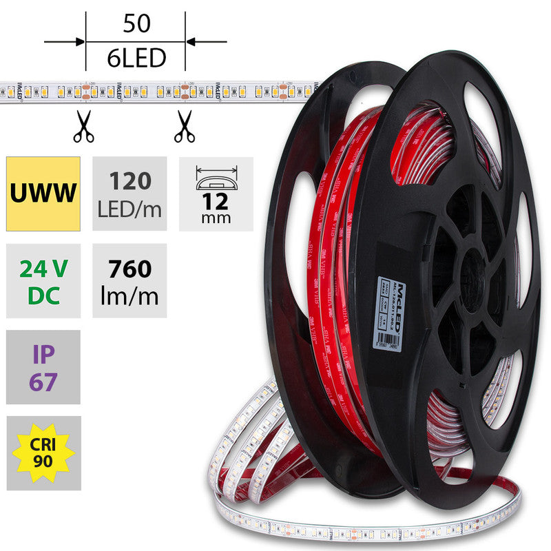 LED-Streifen in Ultra Warmweiß mit 14 Watt und 760 Lumen je Meter bei 24 Volt, IP67