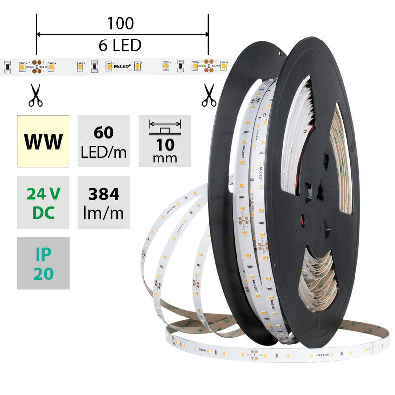 LED-Streifen in Warmweiß mit 4,8 Watt und 384 Lumen je Meter bei 24 Volt, IP20