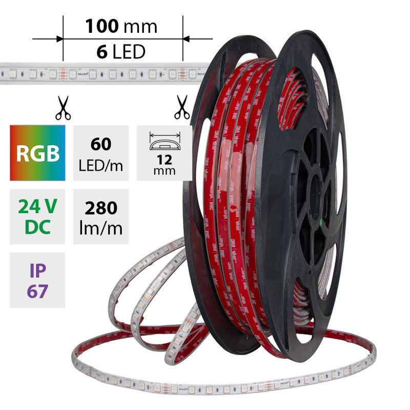 LED-Streifen RGB mit 8 Watt und 280 Lumen je Meter bei 24 Volt, IP67