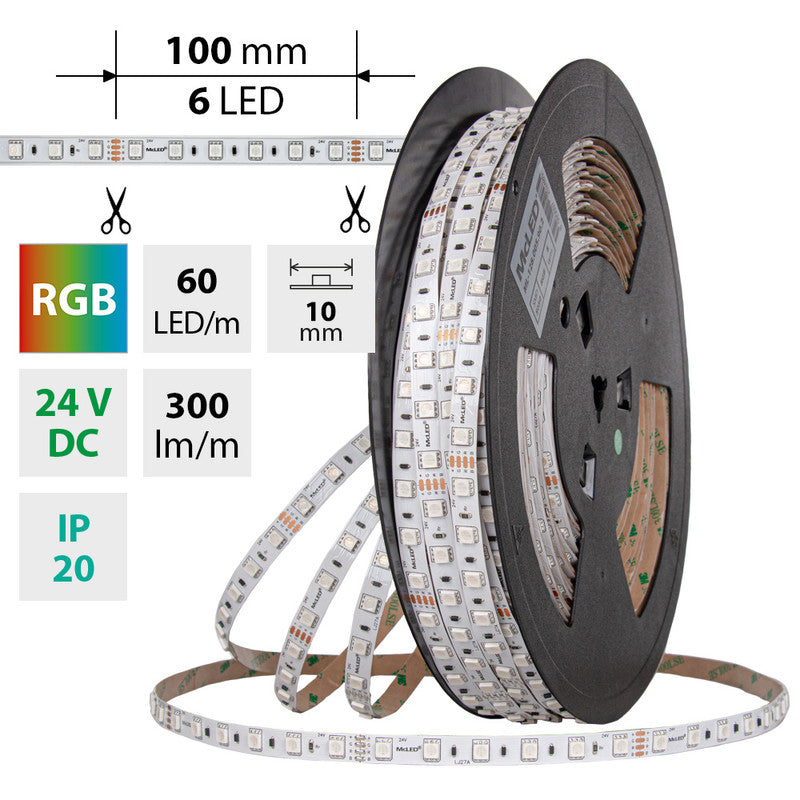 LED-Streifen RGB mit 8 Watt und 300 Lumen je Meter bei 24 Volt, IP20