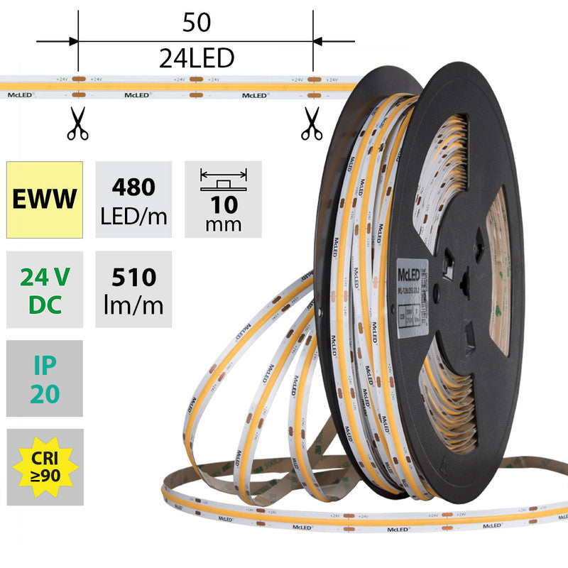 LED-Streifen COB in Extra Warmweiß mit 5 Watt und 510 Lumen je Meter bei 24 Volt, IP20