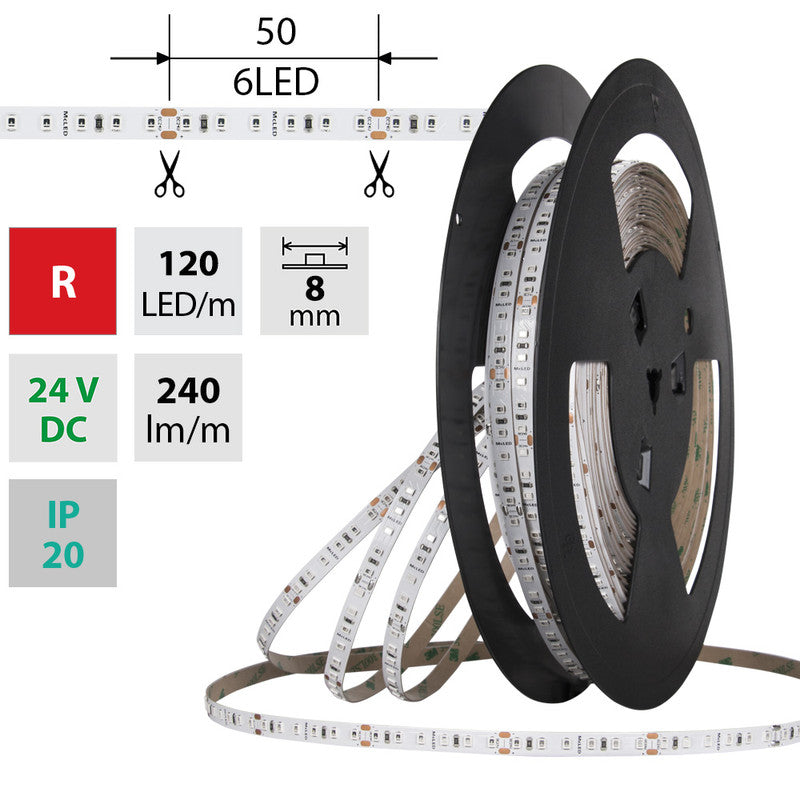 LED-Streifen in Rot mit 240 Lumen und 9,6 Watt je Meter bei 24 Volt, IP20